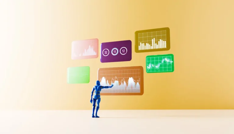 A blue robot interacts with floating data charts and graphs on a yellow background.