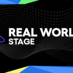 Text "Real World AI Stage" with a purple gear and circuit design on a black, dotted wave background