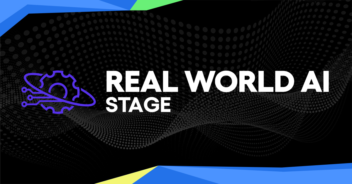 Text "Real World AI Stage" with a purple gear and circuit design on a black, dotted wave background
