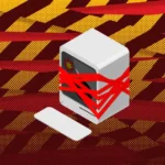 Computer wrapped in red tape on a patterned background, featuring yellow and red diagonal stripes. Text: "Bryce Durbin / T...