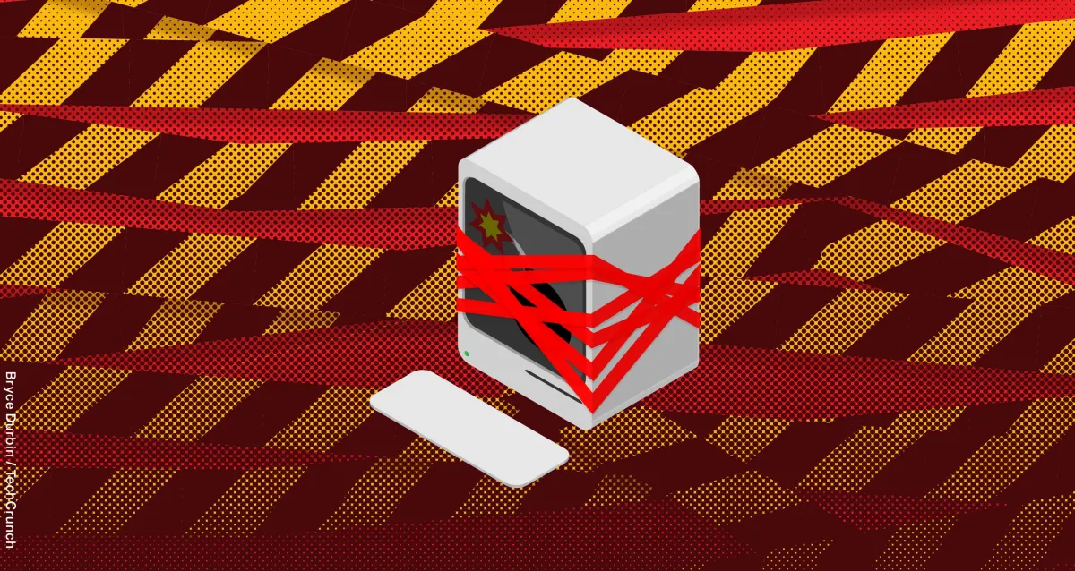 Computer wrapped in red tape on a patterned background, featuring yellow and red diagonal stripes. Text: "Bryce Durbin / T...