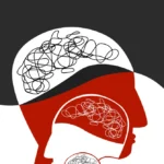 Abstract illustration of overlapping human profiles with tangled lines in the brain area, using black, red, and white colors.