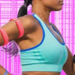 Person jogging with colorful wearable straps on arms against a pink digital background.