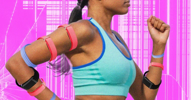 Person jogging with colorful wearable straps on arms against a pink digital background.