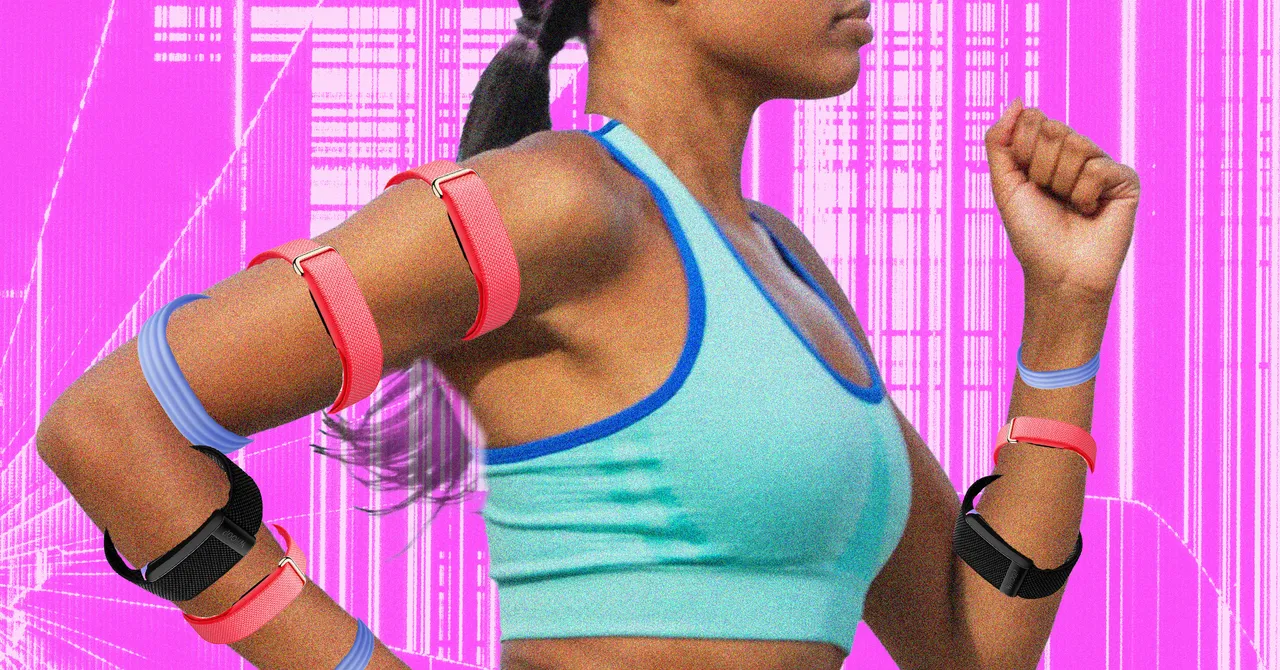 Person jogging with colorful wearable straps on arms against a pink digital background.