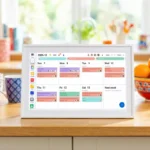 Digital calendar displayed on a tablet in a kitchen setting, with colorful mugs and a fruit bowl in the background.