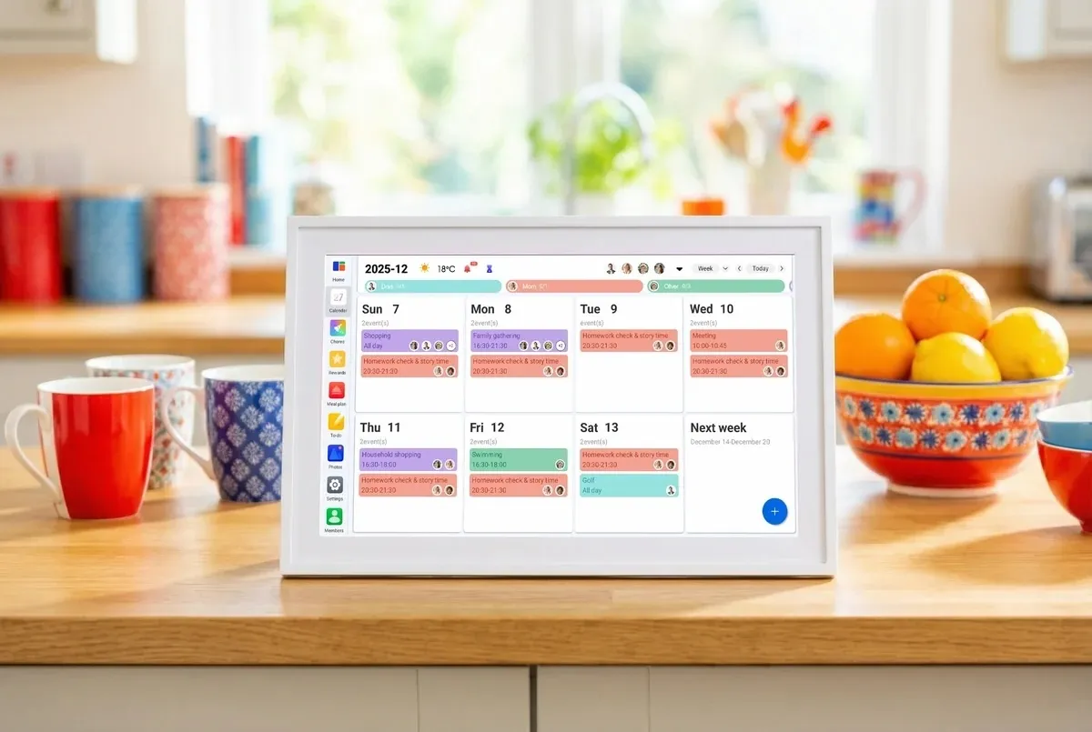 Digital calendar displayed on a tablet in a kitchen setting, with colorful mugs and a fruit bowl in the background.