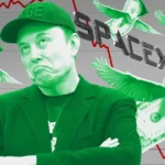 Person in a cap with a skeptical expression, surrounded by flying dollar bills, SpaceX logo, and red stock market graph.