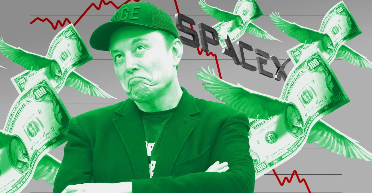 Person in a cap with a skeptical expression, surrounded by flying dollar bills, SpaceX logo, and red stock market graph.