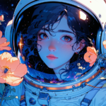 Female astronaut with flowers around helmet, looking into distance, starry background, vibrant colors