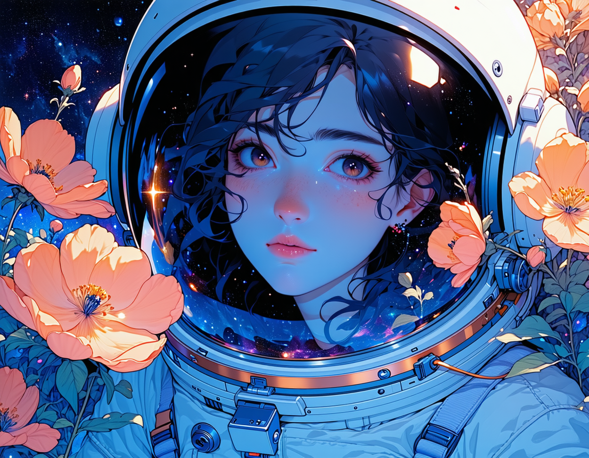 Female astronaut with flowers around helmet, looking into distance, starry background, vibrant colors