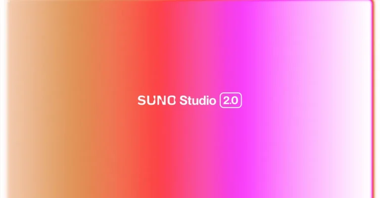 Gradient background with text "Suno Studio 2.0" centered, featuring a blend of orange, red, and pink hues.