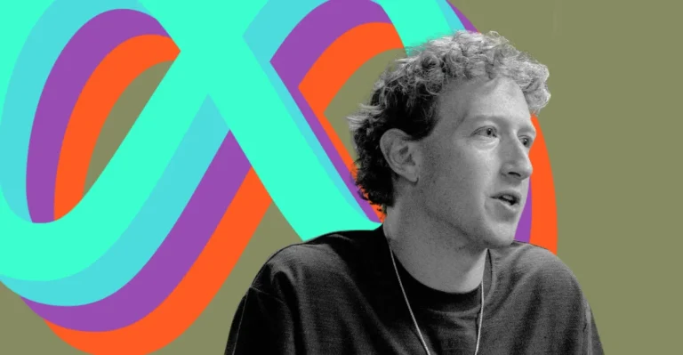 A person speaking, grayscale, in front of a colorful abstract Meta logo on a muted background.