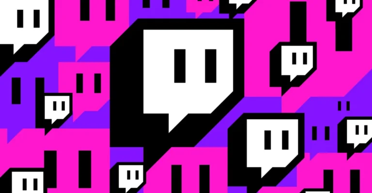 Twitch logo pattern on a vibrant pink and purple background, featuring multiple speech bubble icons.