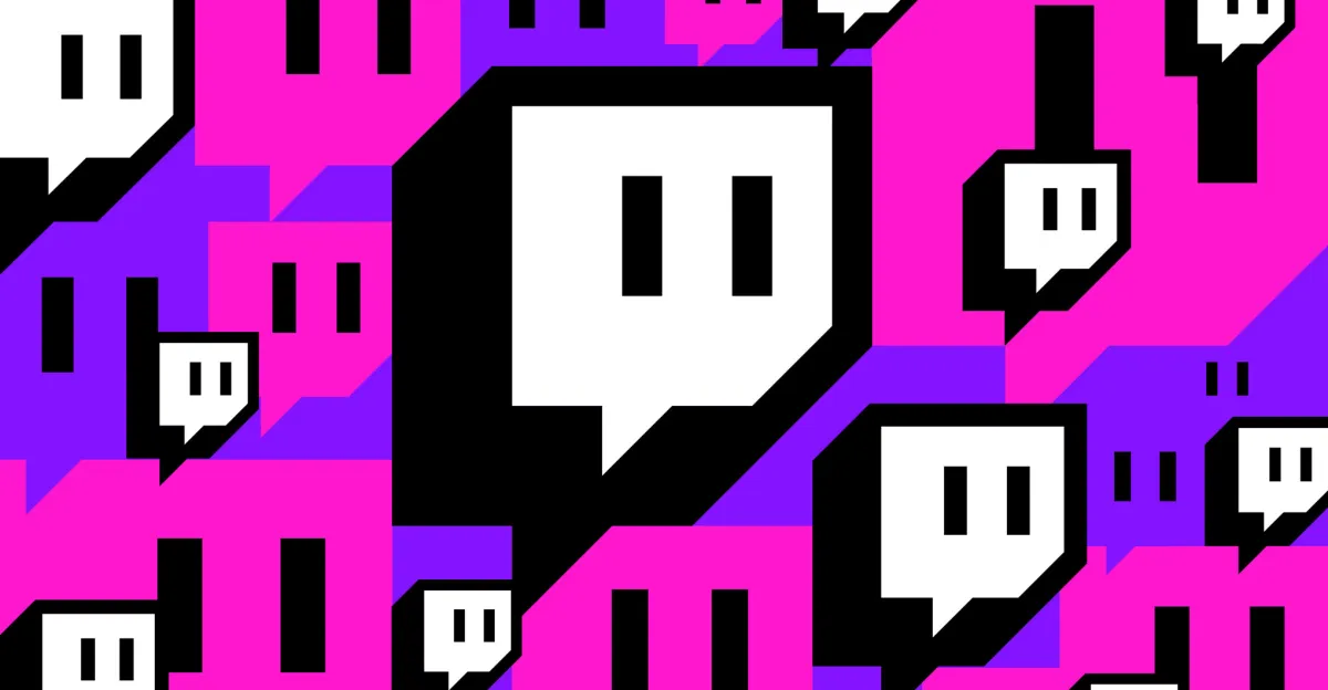Twitch logo pattern on a vibrant pink and purple background, featuring multiple speech bubble icons.