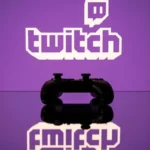 Game controller silhouette on reflective surface with large Twitch logo on purple background.