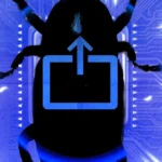 Black bug silhouette with a blue screen share icon on a circuit board background.