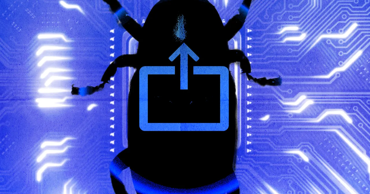 Black bug silhouette with a blue screen share icon on a circuit board background.