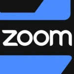 Zoom logo in white letters on a black and blue abstract background.