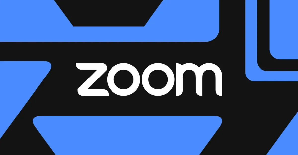 Zoom logo in white letters on a black and blue abstract background.