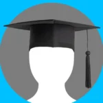Graduation cap on a white silhouette against a gray circle and blue background.