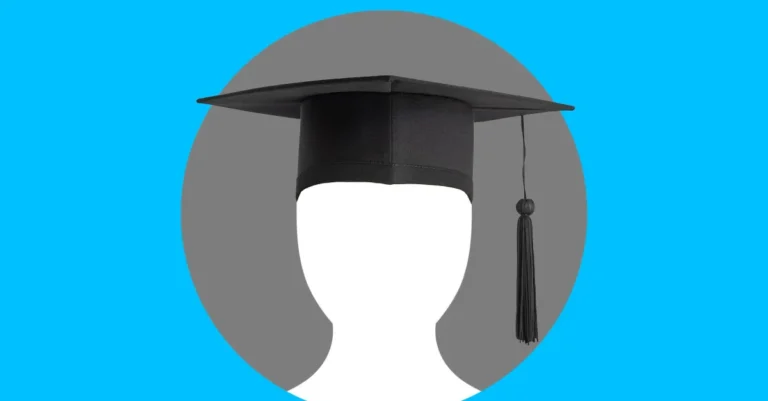 Graduation cap on a white silhouette against a gray circle and blue background.