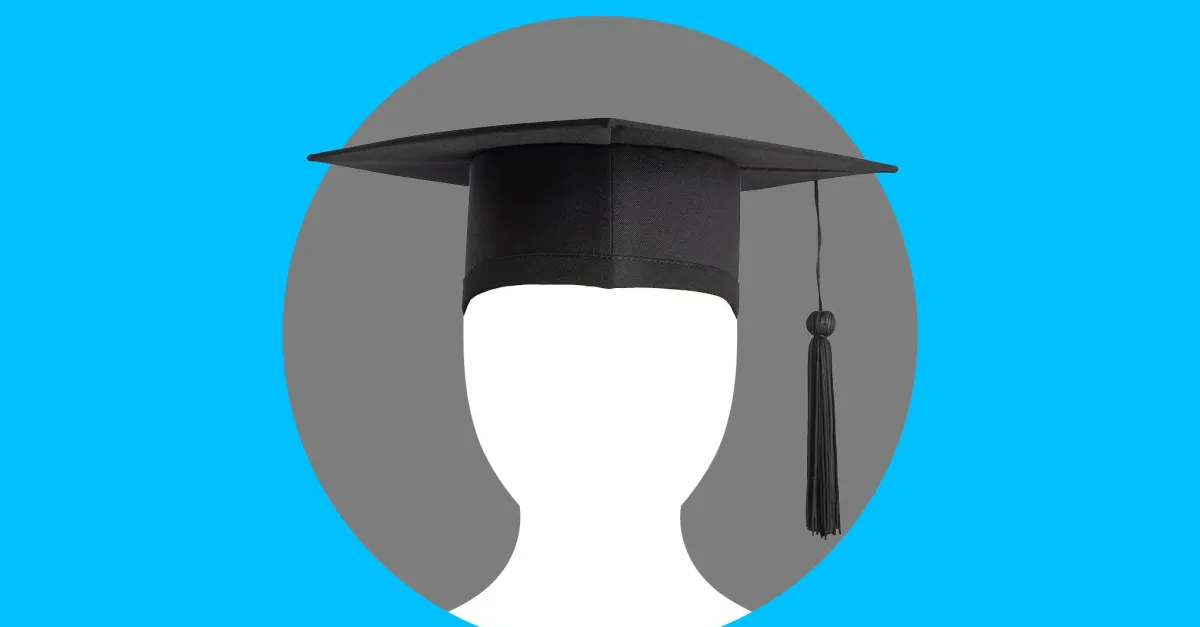 Graduation cap on a white silhouette against a gray circle and blue background.