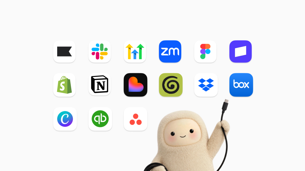Cute character holding a cable with app icons like Slack, Zoom, Figma, Shopify, and Dropbox on a white background.