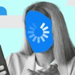 Person holding a smartphone with a loading symbol on their face, speech bubbles in the background, blue and gray color sch...
