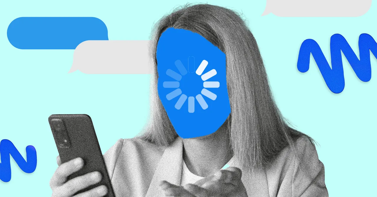 Person holding a smartphone with a loading symbol on their face, speech bubbles in the background, blue and gray color sch...