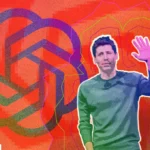 Man in a green sweater waves against a red and orange background with abstract patterns and shapes.