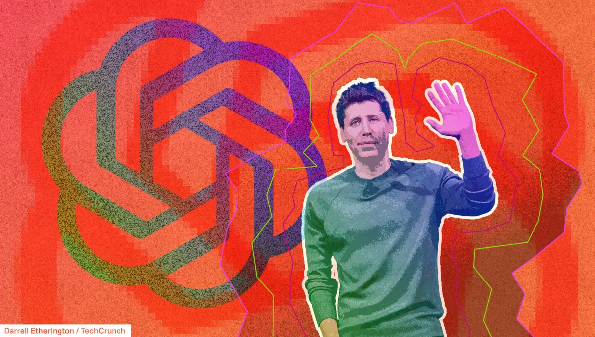 Man in a green sweater waves against a red and orange background with abstract patterns and shapes.