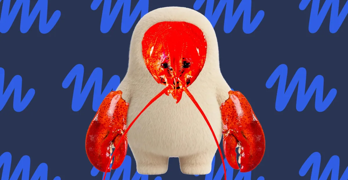 Furry white figure with a red lobster head and claws on a dark background with blue squiggly lines.