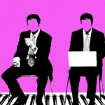 Four faceless men in suits sit on chairs against a pink background; one holds a laptop, another a phone.