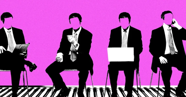 Four faceless men in suits sit on chairs against a pink background; one holds a laptop, another a phone.