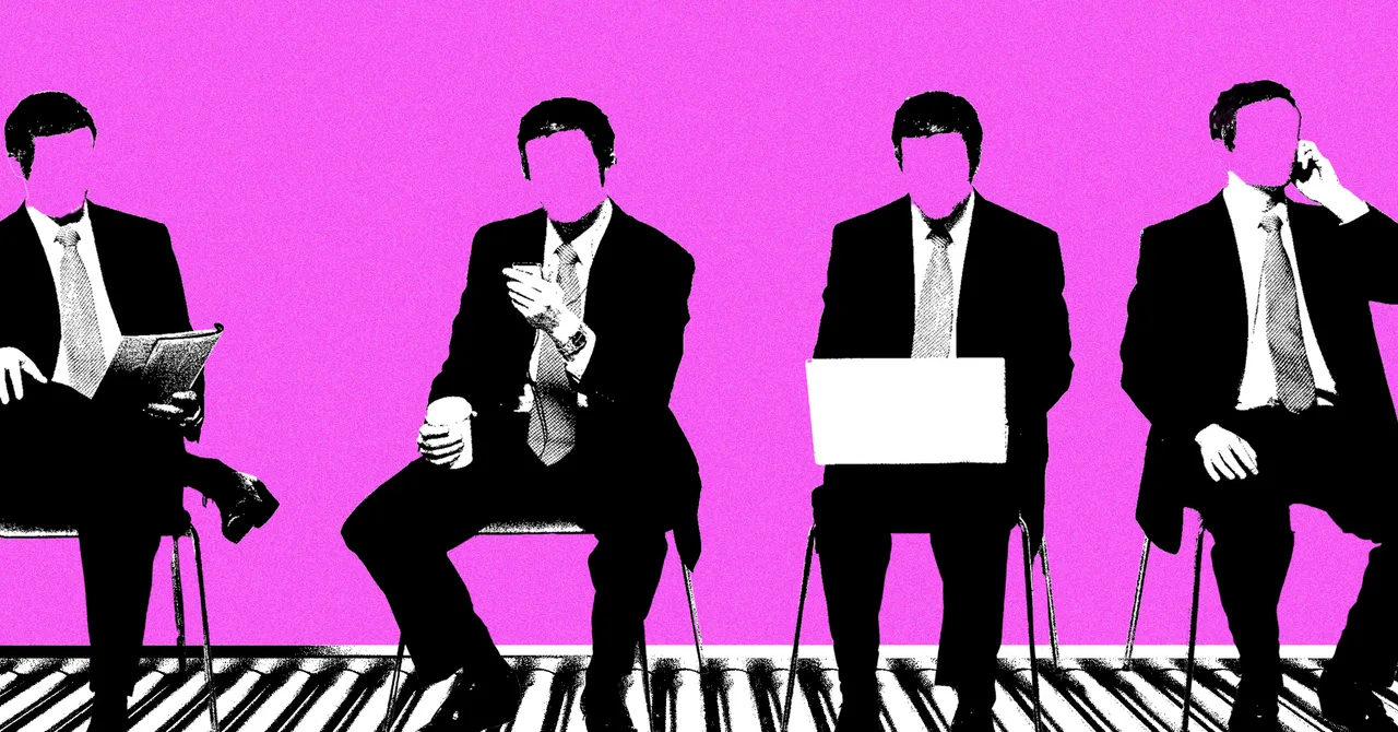 Four faceless men in suits sit on chairs against a pink background; one holds a laptop, another a phone.