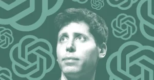 Person looking upward against a background of multiple OpenAI logos on a greenish backdrop.