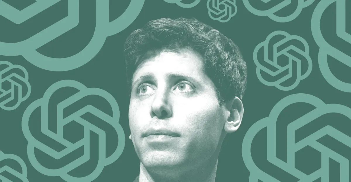 Person looking upward against a background of multiple OpenAI logos on a greenish backdrop.