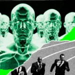 Futuristic green humanoid figures and businessmen in suits running on a track, with a torn paper effect and neon green acc...