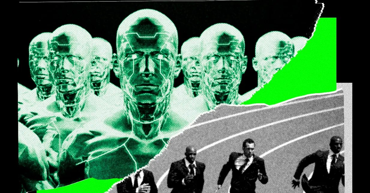 Futuristic green humanoid figures and businessmen in suits running on a track, with a torn paper effect and neon green acc...