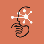Abstract illustration of a face in profile with hand on chin, overlaid with a network-like structure, on an orange backgro...