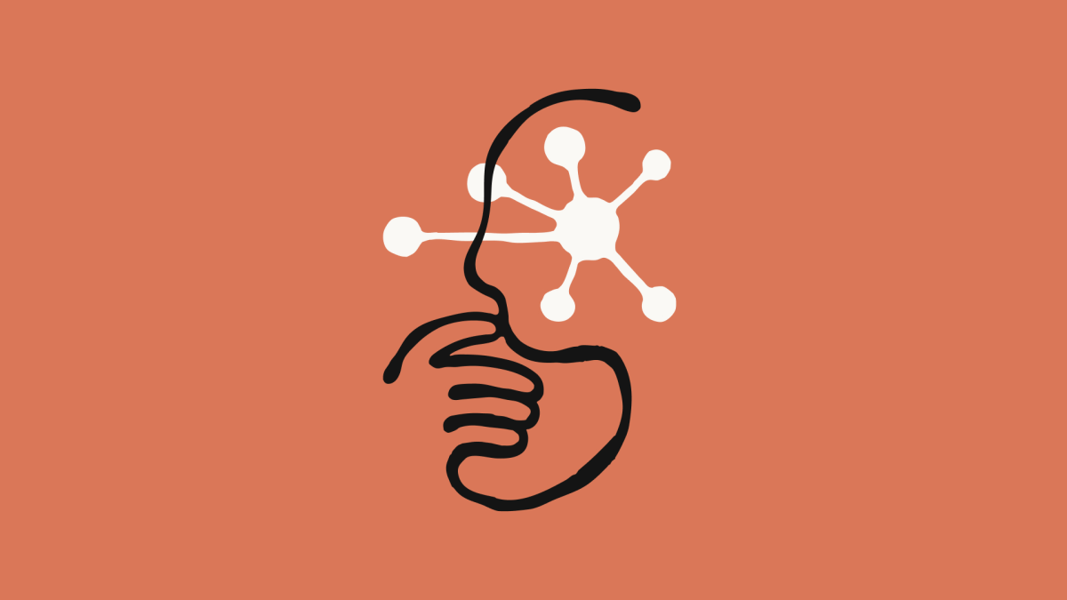 Abstract illustration of a face in profile with hand on chin, overlaid with a network-like structure, on an orange backgro...