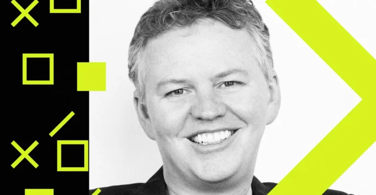 Smiling man with short hair, geometric shapes and lines in neon yellow on black background.