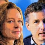Stylized portrait of a woman and a man with pixelated textures against a blue background, multiple faces visible.