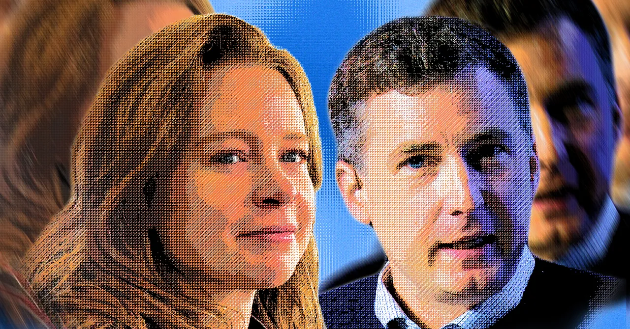 Stylized portrait of a woman and a man with pixelated textures against a blue background, multiple faces visible.