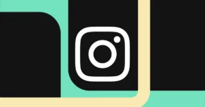 Instagram logo in white on a black, teal, and beige geometric background.