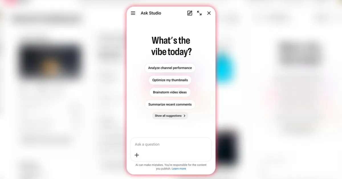 Ask Studio interface displaying options: analyze channel performance, optimize thumbnails, brainstorm video ideas, summari...