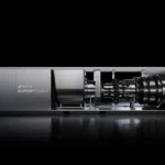 Sleek turbine unit labeled Boom Superpower on a black background, showcasing a metallic and industrial design
