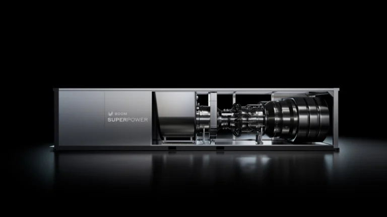 Sleek turbine unit labeled Boom Superpower on a black background, showcasing a metallic and industrial design