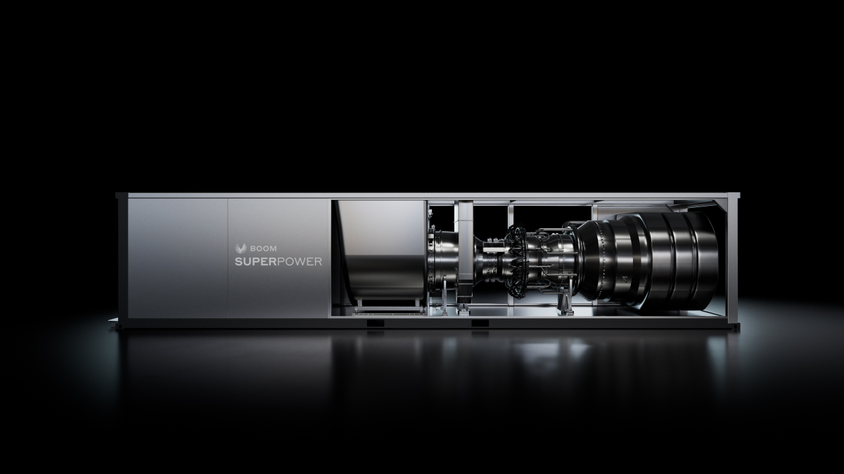Sleek turbine unit labeled Boom Superpower on a black background, showcasing a metallic and industrial design